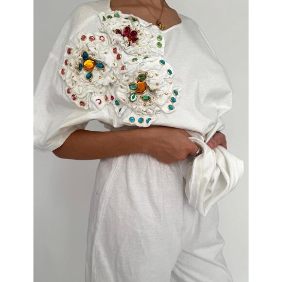 80s vintage white rainbow embellished cotton shirt pants matching two piece set - Picture 6 of 10